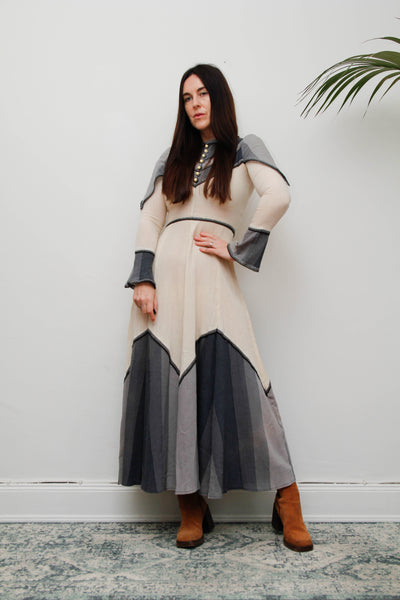 Vintage Ethereal Cheesecloth Cotton Dress-Cream with Navy & Grey Bohemian