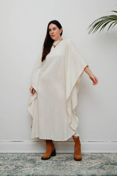 Ethereal Vintage Cheesecloth Cotton Dress - Bohemian Kaftan Sleeves, Cape Dress