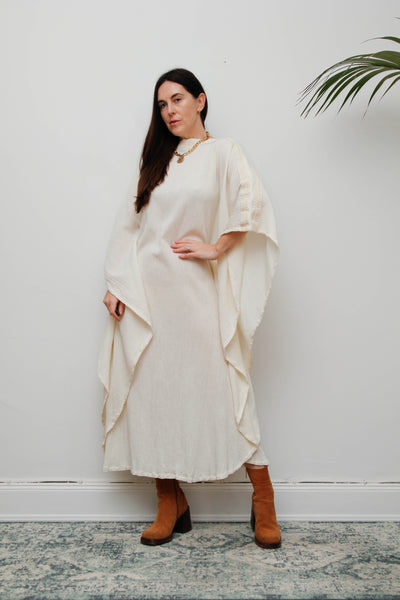 Ethereal Vintage Cheesecloth Cotton Dress - Bohemian Kaftan Sleeves, Cape Dress