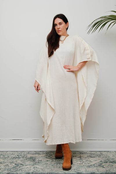 Ethereal Vintage Cheesecloth Cotton Dress - Bohemian Kaftan Sleeves, Cape Dress