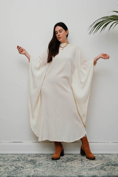 Ethereal Vintage Cheesecloth Cotton Dress - Bohemian Kaftan Sleeves, Cape Dress