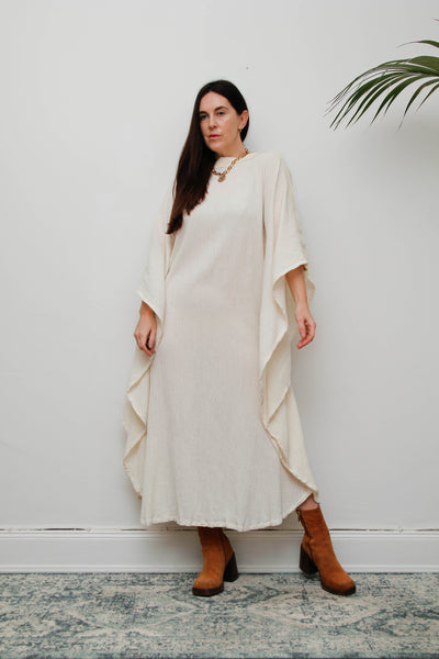 Ethereal Vintage Cheesecloth Cotton Dress - Bohemian Kaftan Sleeves, Cape Dress
