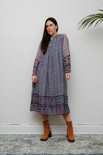 Rare Vintage Indian Cotton Gauze Dress – Bohemian Floral , 1970s Handcrafted Dress