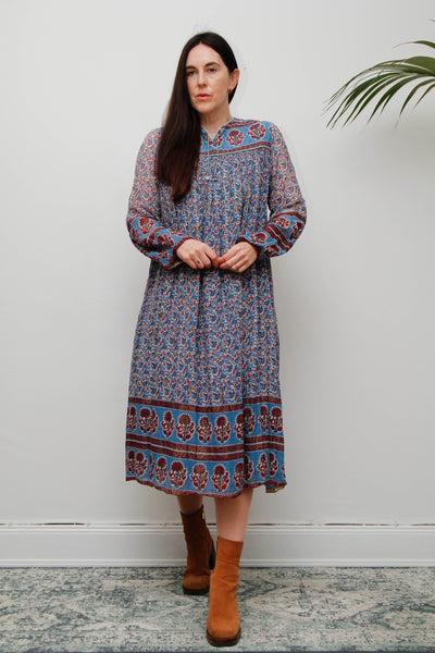Rare Vintage Indian Cotton Gauze Dress – Bohemian Floral , 1970s Handcrafted Dress