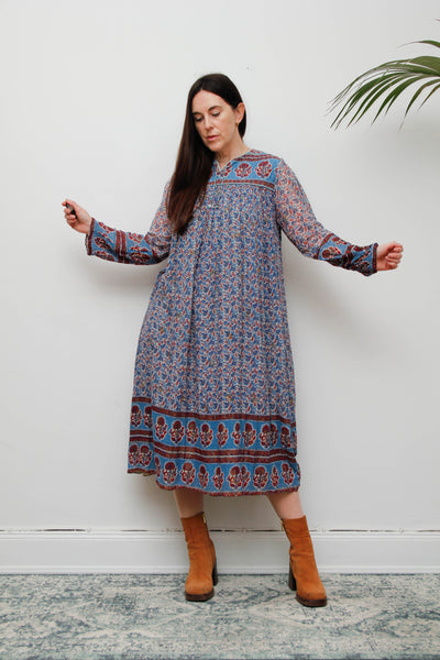Rare Vintage Indian Cotton Gauze Dress – Bohemian Floral , 1970s Handcrafted Dress