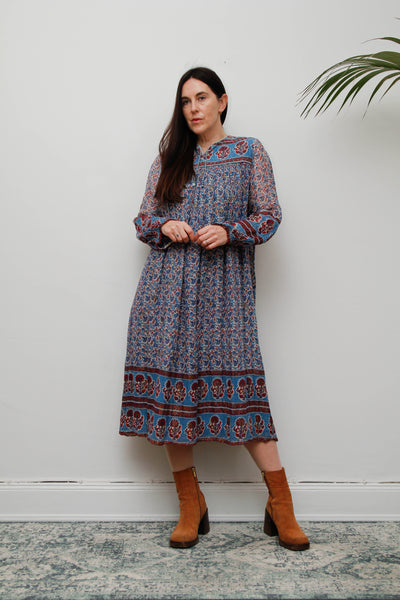 Rare Vintage Indian Cotton Gauze Dress – Bohemian Floral , 1970s Handcrafted Dress