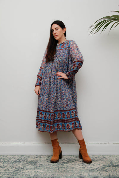 Rare Vintage Indian Cotton Gauze Dress – Bohemian Floral , 1970s Handcrafted Dress