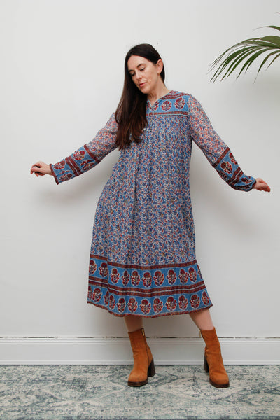 Rare Vintage Indian Cotton Gauze Dress – Bohemian Floral , 1970s Handcrafted Dress