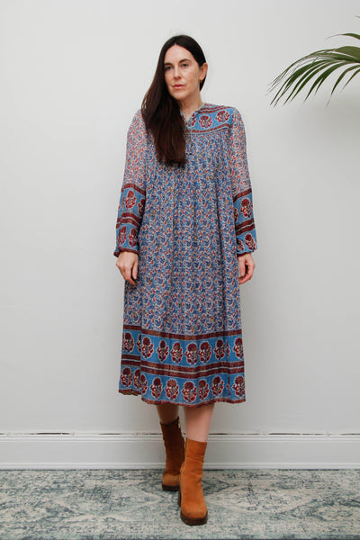 Rare Vintage Indian Cotton Gauze Dress – Bohemian Floral , 1970s Handcrafted Dress