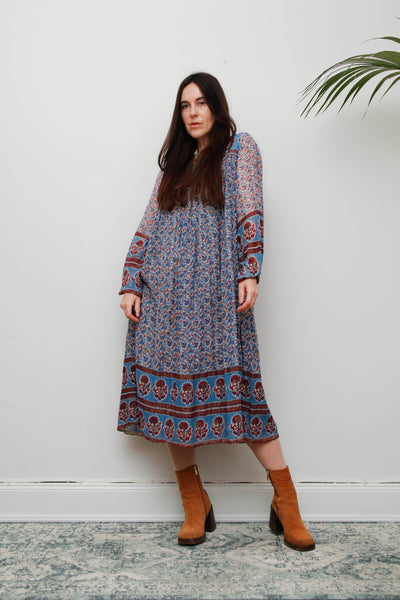Rare Vintage Indian Cotton Gauze Dress – Bohemian Floral , 1970s Handcrafted Dress