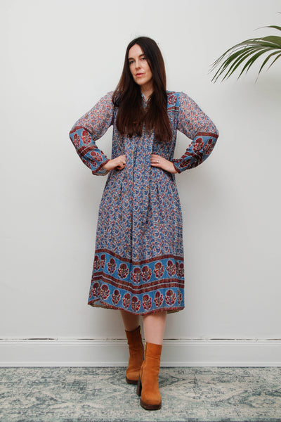 Rare Vintage Indian Cotton Gauze Dress – Bohemian Floral , 1970s Handcrafted Dress