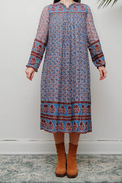 Rare Vintage Indian Cotton Gauze Dress – Bohemian Floral , 1970s Handcrafted Dress