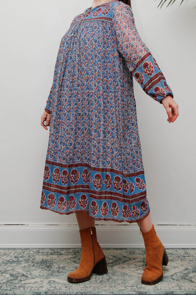 Rare Vintage Indian Cotton Gauze Dress – Bohemian Floral , 1970s Handcrafted Dress