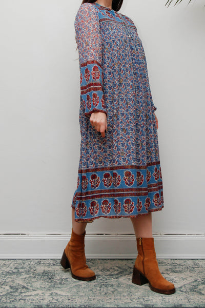 Rare Vintage Indian Cotton Gauze Dress – Bohemian Floral , 1970s Handcrafted Dress