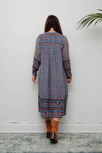 Rare Vintage Indian Cotton Gauze Dress – Bohemian Floral , 1970s Handcrafted Dress