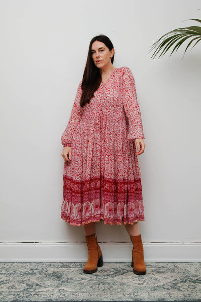Vintage Indian Cotton Gauze Dress - Pink Floral Peacock Bohemian