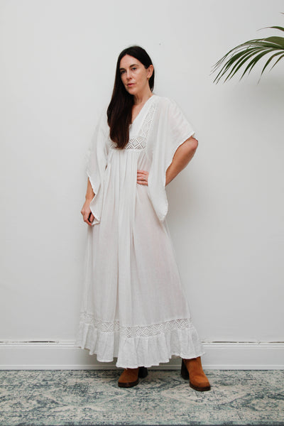 Vintage Off-White Cotton Gauze Bohemian Maxi Dress-Lace Insert Ethereal Dress