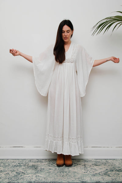 Vintage Off-White Cotton Gauze Bohemian Maxi Dress-Lace Insert Ethereal Dress