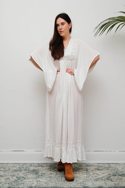Vintage Off-White Cotton Gauze Bohemian Maxi Dress-Lace Insert Ethereal Dress