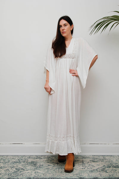 Vintage Off-White Cotton Gauze Bohemian Maxi Dress-Lace Insert Ethereal Dress