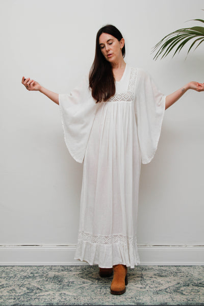 Vintage Off-White Cotton Gauze Bohemian Maxi Dress-Lace Insert Ethereal Dress