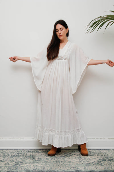 Vintage Off-White Cotton Gauze Bohemian Maxi Dress-Lace Insert Ethereal Dress