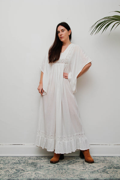 Vintage Off-White Cotton Gauze Bohemian Maxi Dress-Lace Insert Ethereal Dress