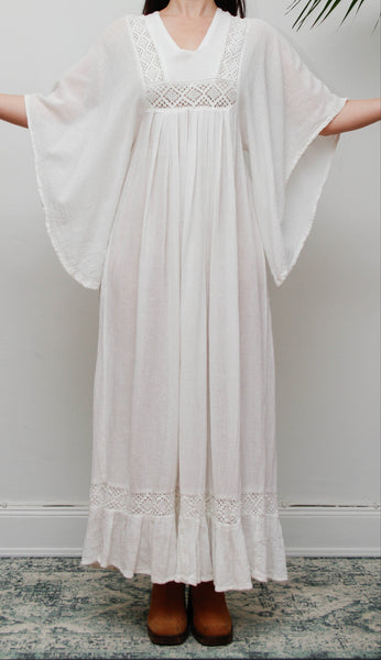 Vintage Off-White Cotton Gauze Bohemian Maxi Dress-Lace Insert Ethereal Dress
