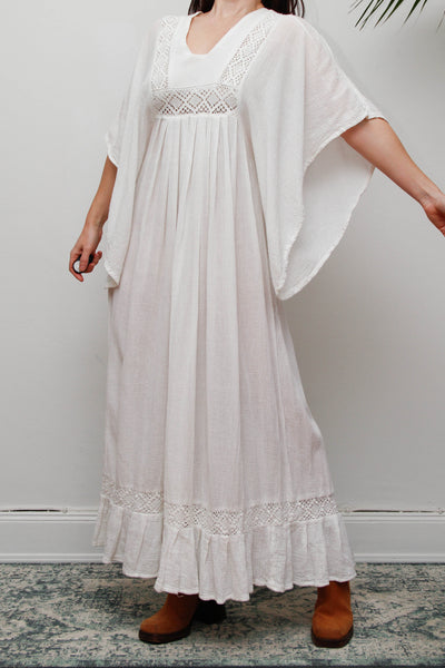 Vintage Off-White Cotton Gauze Bohemian Maxi Dress-Lace Insert Ethereal Dress