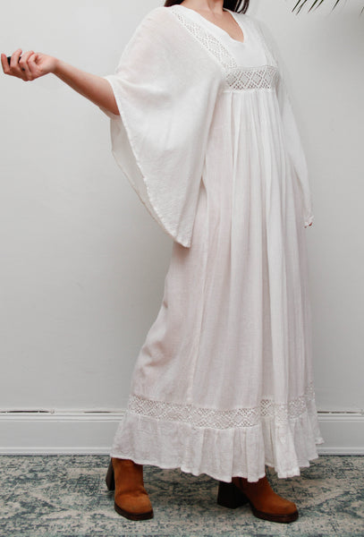 Vintage Off-White Cotton Gauze Bohemian Maxi Dress-Lace Insert Ethereal Dress