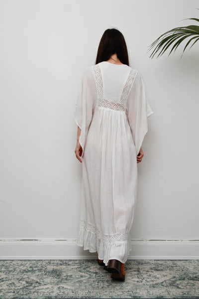 Vintage Off-White Cotton Gauze Bohemian Maxi Dress-Lace Insert Ethereal Dress