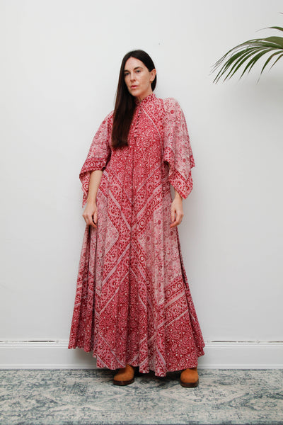 Vintage Indian Block Print Maxi Dress-Pink Angel Sleeve Cotton Bohemian Dress