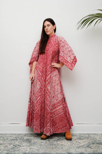 Vintage Indian Block Print Maxi Dress-Pink Angel Sleeve Cotton Bohemian Dress