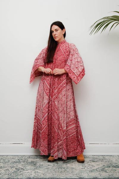 Vintage Indian Block Print Maxi Dress-Pink Angel Sleeve Cotton Bohemian Dress