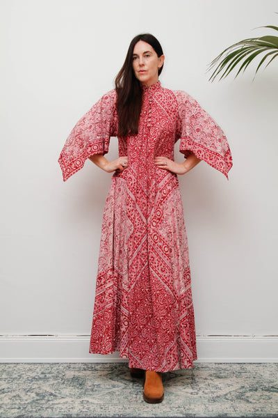 Vintage Indian Block Print Maxi Dress-Pink Angel Sleeve Cotton Bohemian Dress