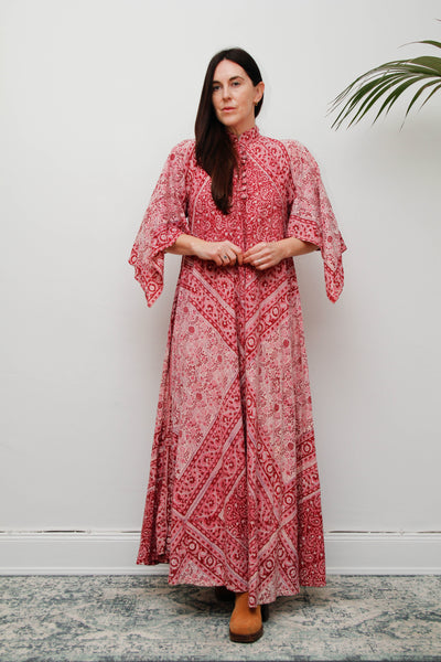 Vintage Indian Block Print Maxi Dress-Pink Angel Sleeve Cotton Bohemian Dress