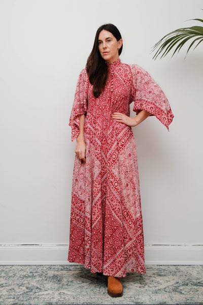 Vintage Indian Block Print Maxi Dress-Pink Angel Sleeve Cotton Bohemian Dress