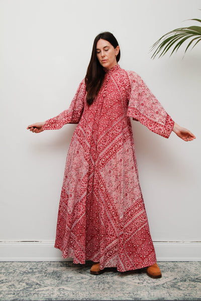 Vintage Indian Block Print Maxi Dress-Pink Angel Sleeve Cotton Bohemian Dress