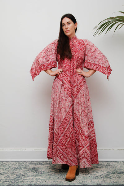 Vintage Indian Block Print Maxi Dress-Pink Angel Sleeve Cotton Bohemian Dress