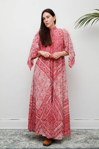 Vintage Indian Block Print Maxi Dress-Pink Angel Sleeve Cotton Bohemian Dress