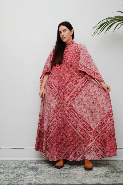 Vintage Indian Block Print Maxi Dress-Pink Angel Sleeve Cotton Bohemian Dress
