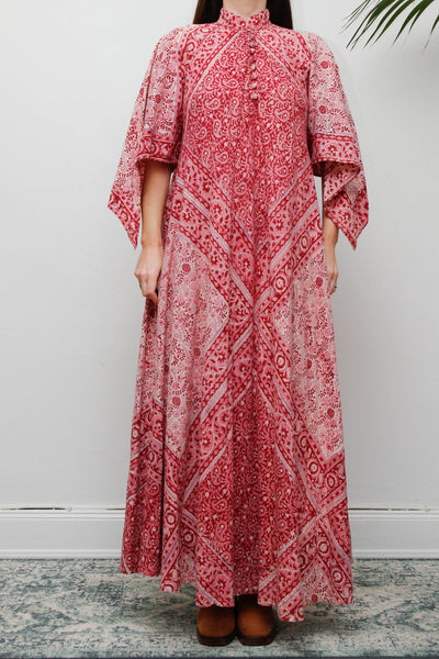 Vintage Indian Block Print Maxi Dress-Pink Angel Sleeve Cotton Bohemian Dress