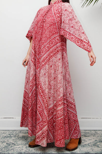 Vintage Indian Block Print Maxi Dress-Pink Angel Sleeve Cotton Bohemian Dress