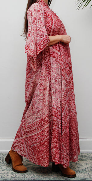 Vintage Indian Block Print Maxi Dress-Pink Angel Sleeve Cotton Bohemian Dress