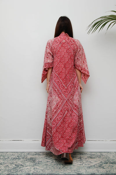 Vintage Indian Block Print Maxi Dress-Pink Angel Sleeve Cotton Bohemian Dress