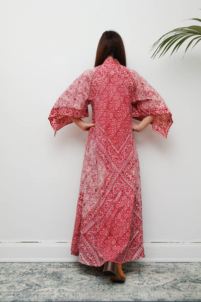 Vintage Indian Block Print Maxi Dress-Pink Angel Sleeve Cotton Bohemian Dress