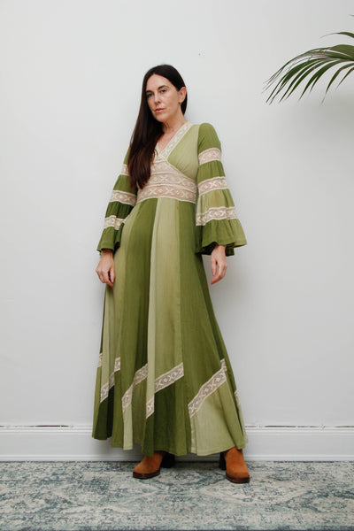 Vintage Cotton Maxi with Lace Inserts, Flute Sleeves, 70s Green Bohemian Dress