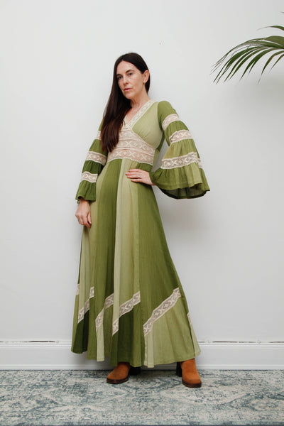 Vintage Cotton Maxi with Lace Inserts, Flute Sleeves, 70s Green Bohemian Dress