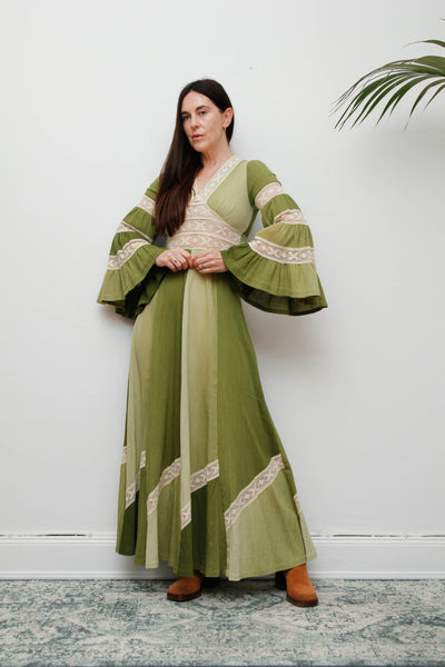 Vintage Cotton Maxi with Lace Inserts, Flute Sleeves, 70s Green Bohemian Dress