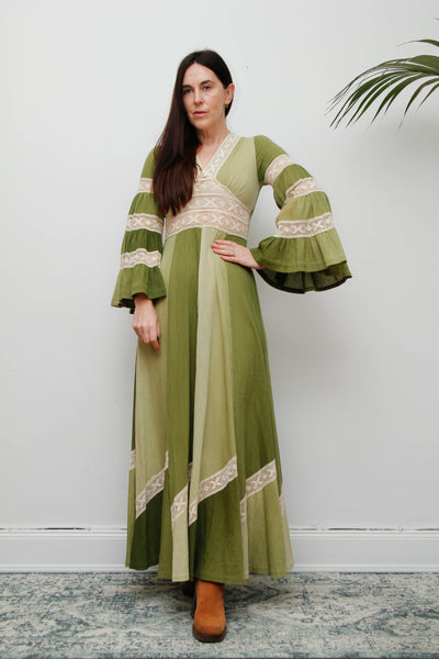 Vintage Cotton Maxi with Lace Inserts, Flute Sleeves, 70s Green Bohemian Dress